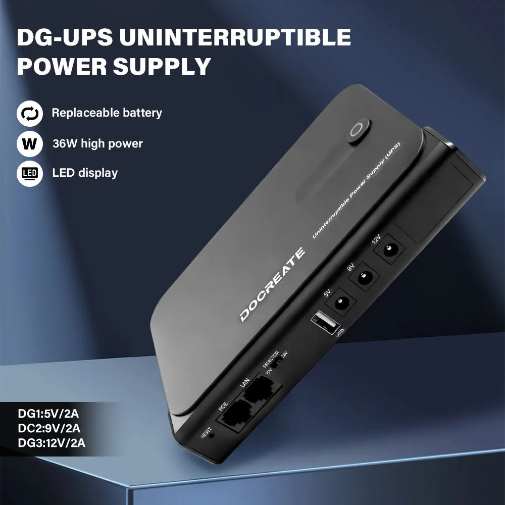36W DC1036L UPS Uninterruptible Power Supply 5V-24V Output 18650 Replaceable Battery for Router NAS Modem & Network Equipment
