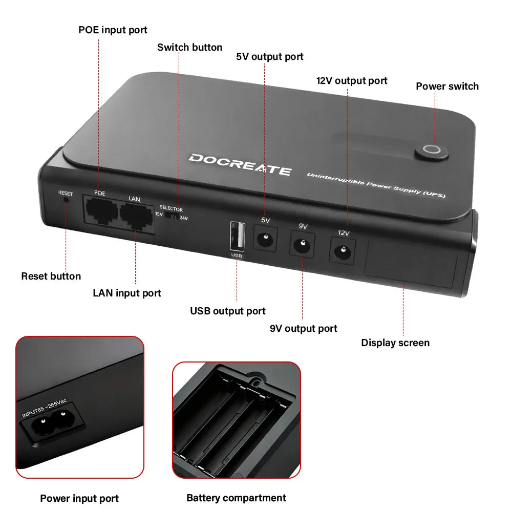 36W DC1036L UPS Uninterruptible Power Supply 5V-24V Output 18650 Replaceable Battery for Router NAS Modem & Network Equipment