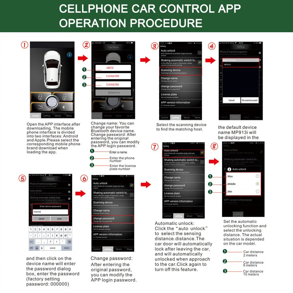 GIORDON With Remote Start  And bluetooth controls Smart Key Car Alarm System Mobile phone control keyless entry&power