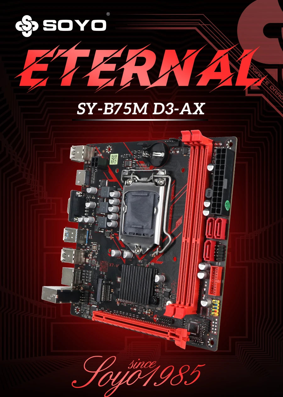 SOYO B75M Motherboard M.2 NVME PCIEx8 DVI Supports Dual-channel DDR3 RAM Intel Core 2/3 Gen CPU LGA1155 for Gaming Computer