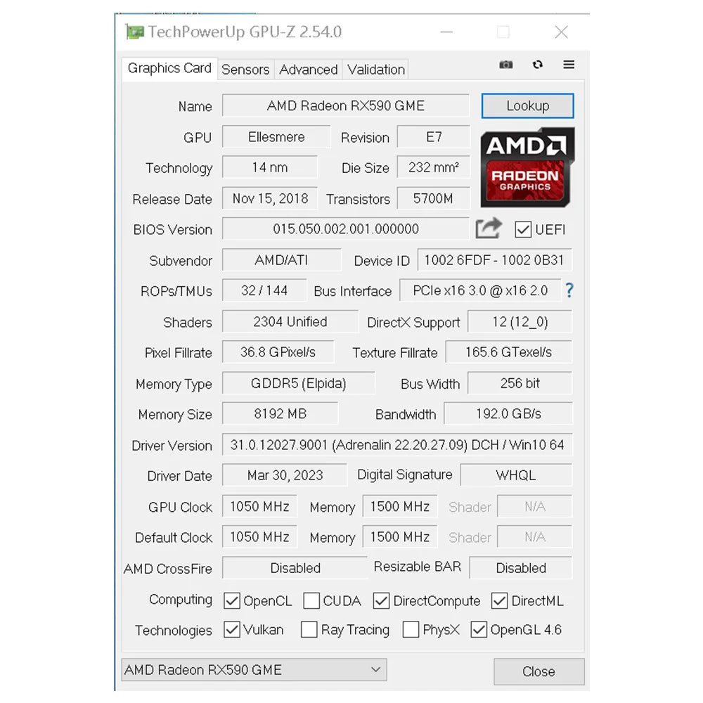 AMD RX 590 8GB Gaming Graphics Card GDDR5
