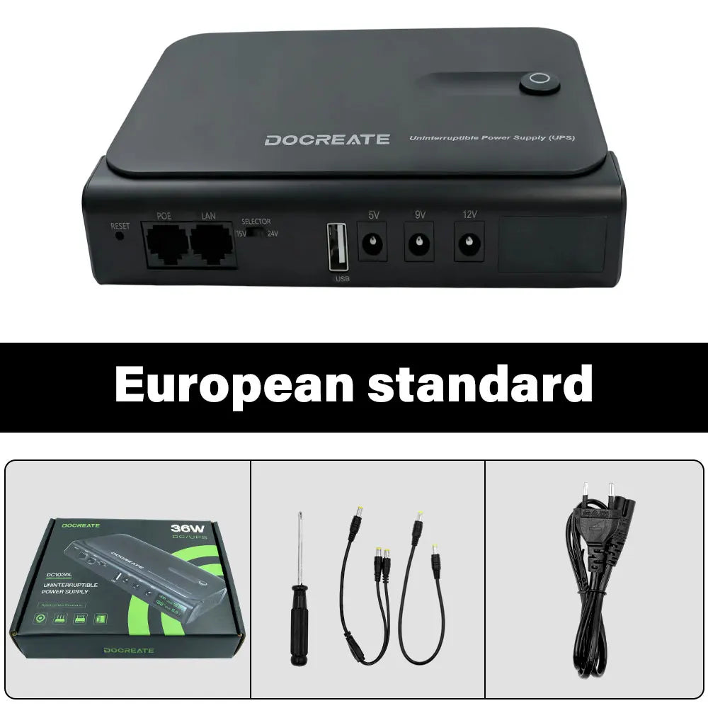 36W DC1036L UPS Uninterruptible Power Supply 5V-24V Output 18650 Replaceable Battery for Router NAS Modem & Network Equipment