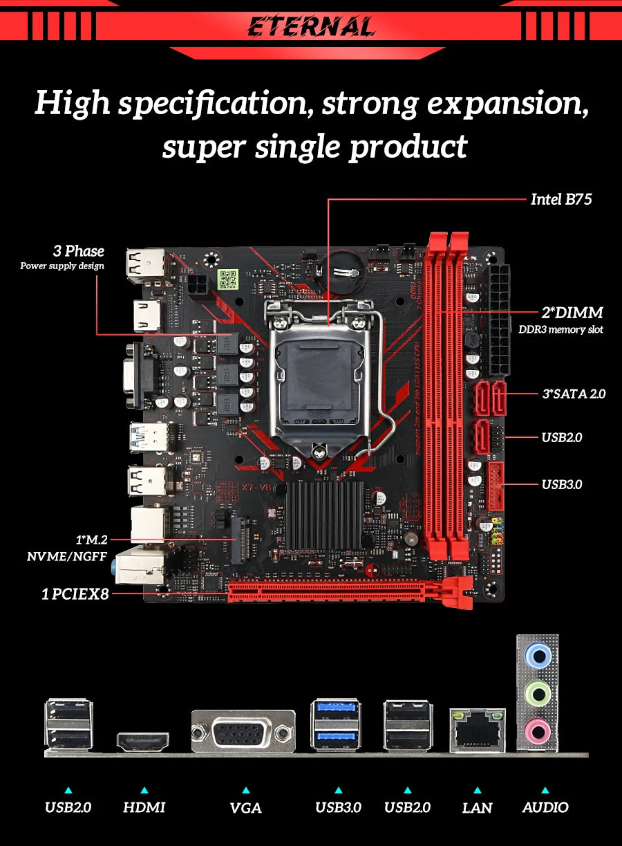 SOYO B75M Motherboard M.2 NVME PCIEx8 DVI Supports Dual-channel DDR3 RAM Intel Core 2/3 Gen CPU LGA1155 for Gaming Computer