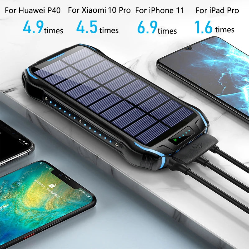 Solar Power Bank 26800mAh Waterproof Portable Solar Panel Fast Charger Powerbank External Battery Power Bank with Camping Light