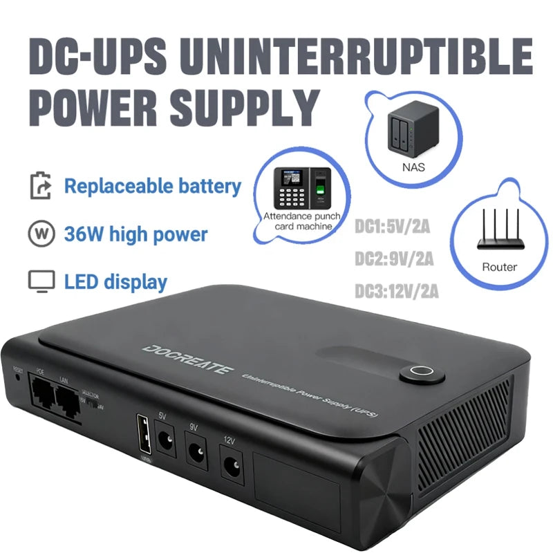 36W DC1036L UPS Uninterruptible Power Supply 5V-24V Output 18650 Replaceable Battery for Router NAS Modem & Network Equipment