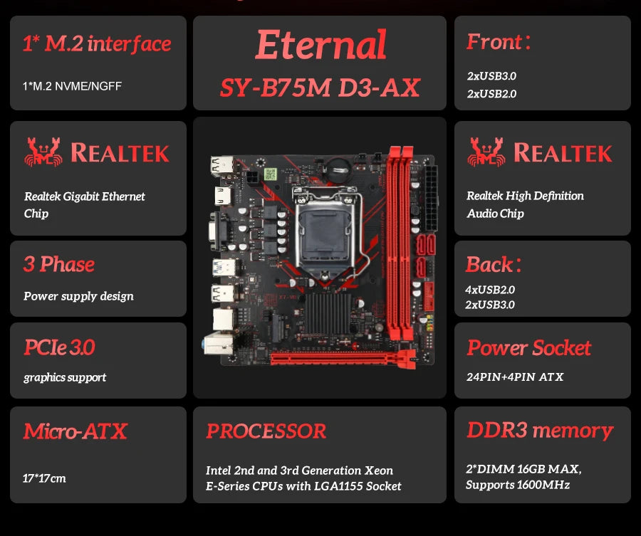SOYO B75M Motherboard M.2 NVME PCIEx8 DVI Supports Dual-channel DDR3 RAM Intel Core 2/3 Gen CPU LGA1155 for Gaming Computer