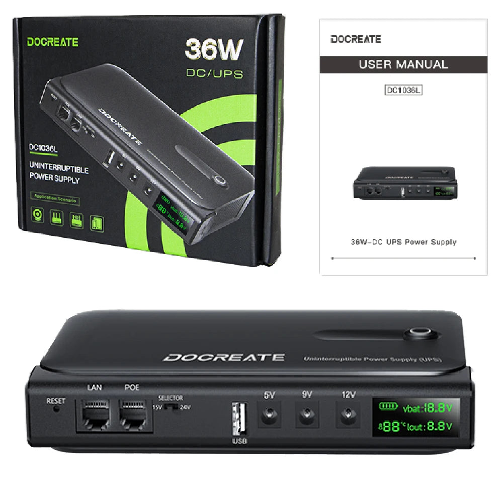 New EU plug 36W DC1036L UPS Uninterruptible Power Supply 5V-24V Output 18650 Replaceable Battery for Router NAS Modem & Network
